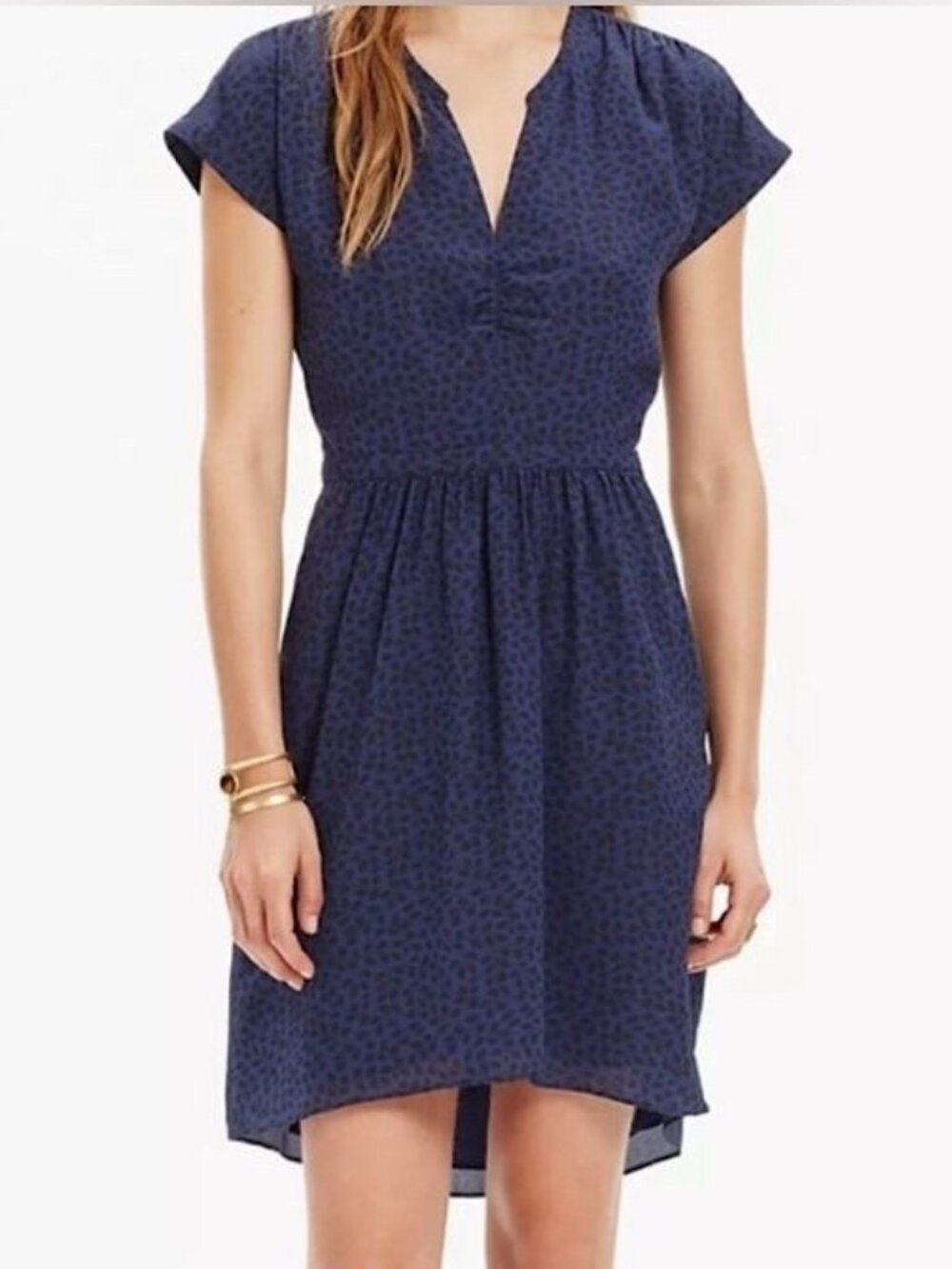 Madewell 100% Silk V-Neck Short Sleeve High Low Dress Size 4 Navy Leaf Casual